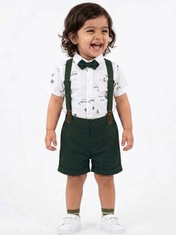 Hopscotch - Green Cotton All Over Print Suspender Shirt And Shorts With Bow