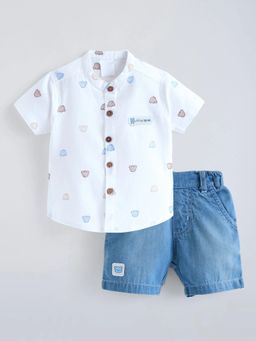 Hopscotch - White All Over Embroidery Shirt And Denim Shorts