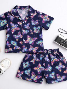 Hopscotch - Navy Blue Butterfly Cotton Sleepwear Shirt With Shorts