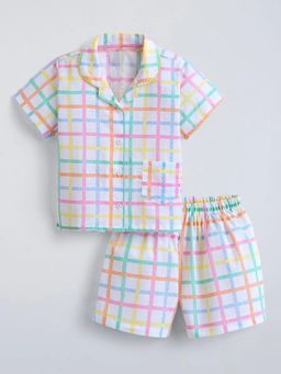 Hopscotch - White Checkered Cotton Sleepwear Shirt With Shorts