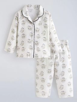 Hopscotch - Off White Teddy Printed Collared Sleepwear Shirt With Pajama