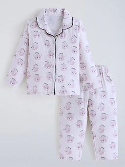 Hopscotch - Pink Teddy Printed Collared Sleepwear Shirt With Pajama