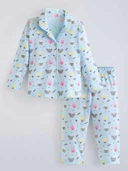 Hopscotch - Blue Animal Printed Cotton Sleepwear Shirt And Pajama