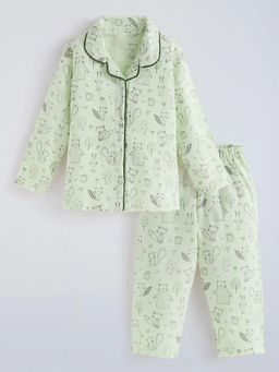 Hopscotch - Green Animal Print Collared Sleepwear Shirt With Pajama