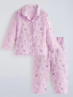 Hopscotch - Pink Animal Print Collared Sleepwear Shirt With Pajama