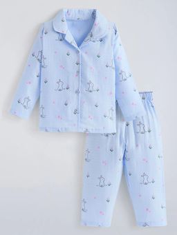 Hopscotch - Blue Bunny Printed Collared Sleepwear Shirt With Pajama