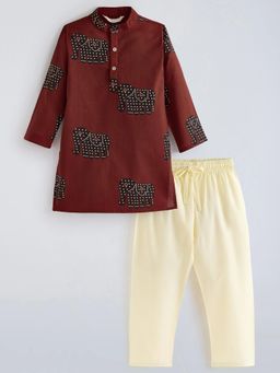 Hopscotch - Brown Elephant Print Kurta And Pyjama