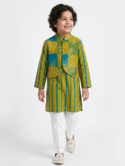 Hopscotch - Green Striped Kurta With Attached Jacket And Pyjama
