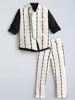 Hopscotch - Cream Striped Embroidered Cotton Shirt With Waistcoat And Pant