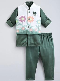Hopscotch - Green Floral Roll Up Sleeves Kurta With Pyjama And Jacket