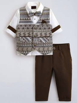 Hopscotch - Brown Geometric Printed Bow Shirt With Pant And Waistcoat