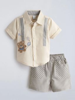 Hopscotch - Beige Teddy Applique Striped Shirt And Shorts