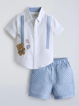 Hopscotch - White Teddy Applique Striped Shirt And Shorts