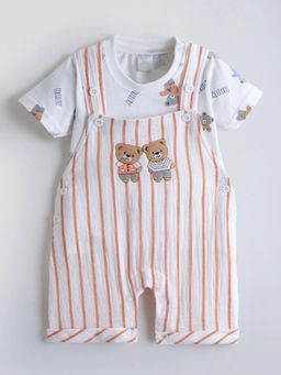 Hopscotch - White And Orange Stripes Teddy Embroidery Dungaree With T-Shirt