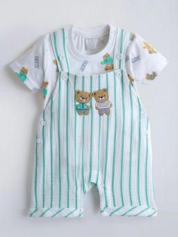Hopscotch - White And Green Stripes Teddy Embroidery Dungaree With T-Shirt
