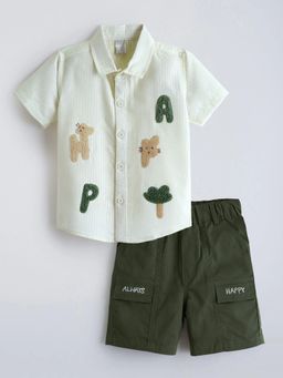 Hopscotch - Cream Chenille Embroidery Shirt With Shorts
