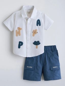 Hopscotch - White Chenille Embroidery Shirt With Shorts