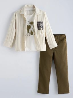 Hopscotch - Cream Graphic Collared Cotton Shirt With T-Shirt And Pant
