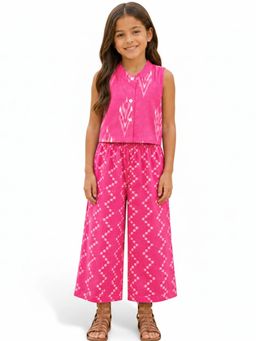 Hopscotch - Pink Cotton Ikkat Ethnic Top And Palazzo