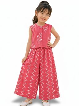 Hopscotch - Peach Cotton Ikkat Ethnic Top And Palazzo