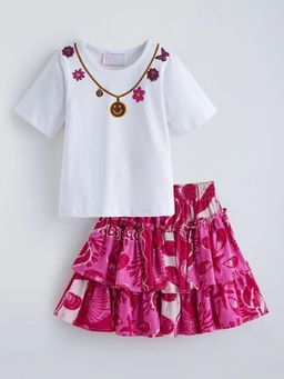 Hopscotch - White Floral Printed Ruffled Skirt With T-Shirt