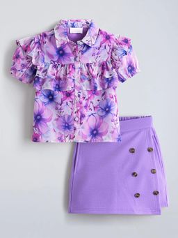 Hopscotch - Purple Floral Printed Ruffled Collared Shirt With Shorts