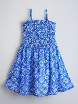 Hopscotch - Blue Floral Printed Smocking Dress