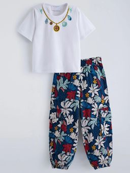 Hopscotch - White Printed Elasticated T-Shirt With Joggers