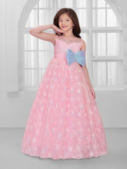 Mini Stitch - Baby Pink Net Sleeveless Floral Sequin Embroidery Gown