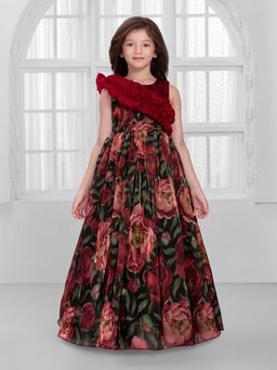 Mini Stitch - Maroon Organza Sleeveless Floral Digital Printed Gown