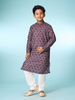 Manyavar - Royal Wine Printed Kurta With Pyjama