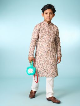 Manyavar - Beige Cotton Printed Ensemble Kurta With Pyjama