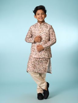 Manyavar - Beige Printed Kurta With Pyjama And Jacket