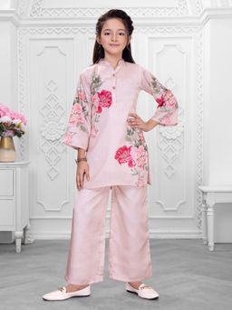 Mini Stitch - Satin Pink Placement Floral Print Kurta And Palazzo