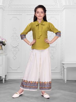 Mini Stitch - Olive Green Cotton Placement Print Top And Palazzo