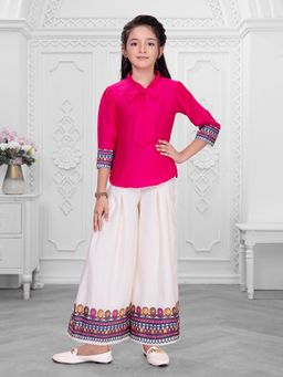 Mini Stitch - Pink Cotton Placement Print Top And Palazzo