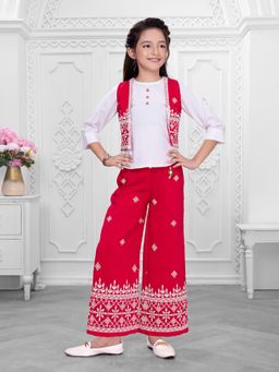 Mini Stitch - Red Cotton Embroidered Top With Palazzo And Jacket
