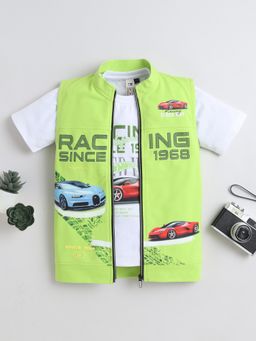 Mini Stitch - Green Cotton Knit Car Printed Jacket With T-Shirt