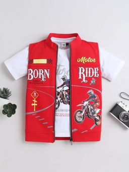 Mini Stitch - Red Cotton Knit Car Printed Jacket With T-Shirt