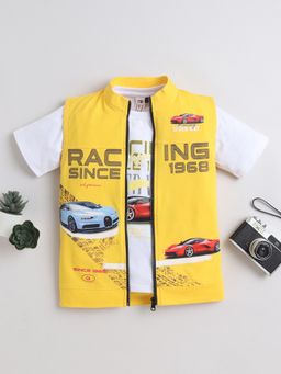 Mini Stitch - Yellow Cotton Knit Car Printed Jacket With T-Shirt