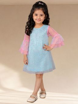 Lil Drama - Razzle Dazzle Girls Blue Bell Sleeves Sequins Party Dress