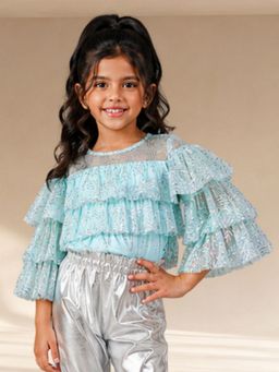 Lil Drama - Glam Up Blue Stylish 3 Layered Foil Print Shimmer Top