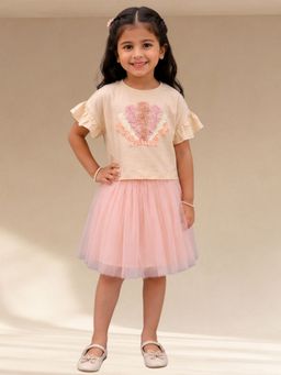 Lil Drama - Peach Cotton Half Sleeves 3D Leaf Strips Top With Net Skirt