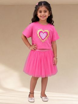Lil Drama - Pink Cotton Half Sleeves Sequens Heart T-Shirt With Net Skirt
