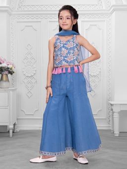 Mini Stitch - Blue Cotton Silk Floral Thread Embroidered Top With Palazzo And Dupatta