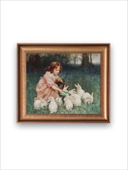 The Vintage Artistry - Green & Peach Colored Vintage Girl Feeding Rabbits Wall Art Painting