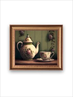 The Vintage Artistry - Green Beige Still Life With Breakfast Setting Wall Art Painting