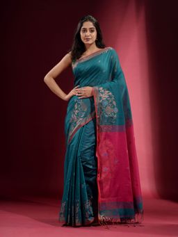 CHARUKRITI - Teal with Zari Design and Contrast Pallu Saree with Unstitched Blouse