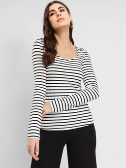 FABLE STREET - Ribbed Slim Fit Full Sleeve Sweetheart Black and White Women Top