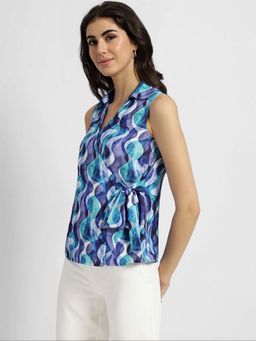 FableStreet - Polyester Abstract Sleeveless V-Neck Wrap Blue Women Top